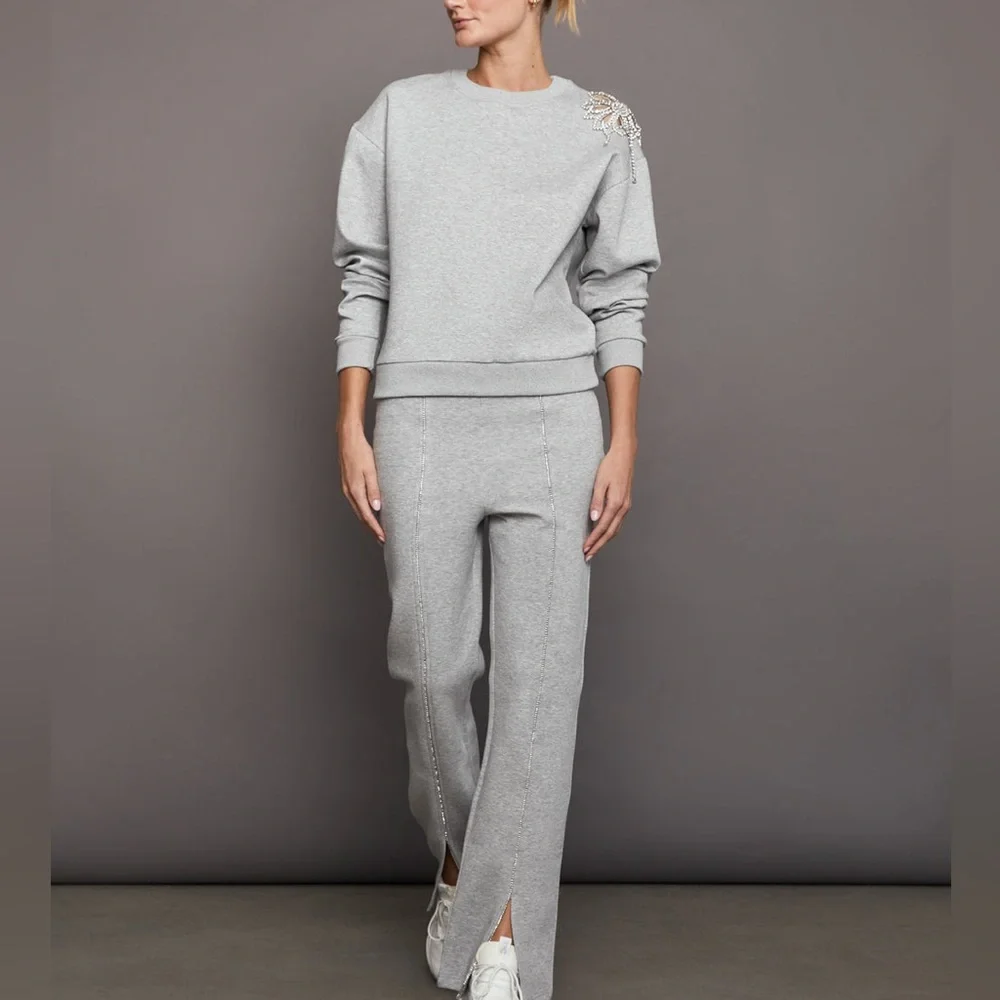 Carbon38 Rhinestone cut out Gray Sweatshirt with Embellished Shoulder - Picture 5 of 16